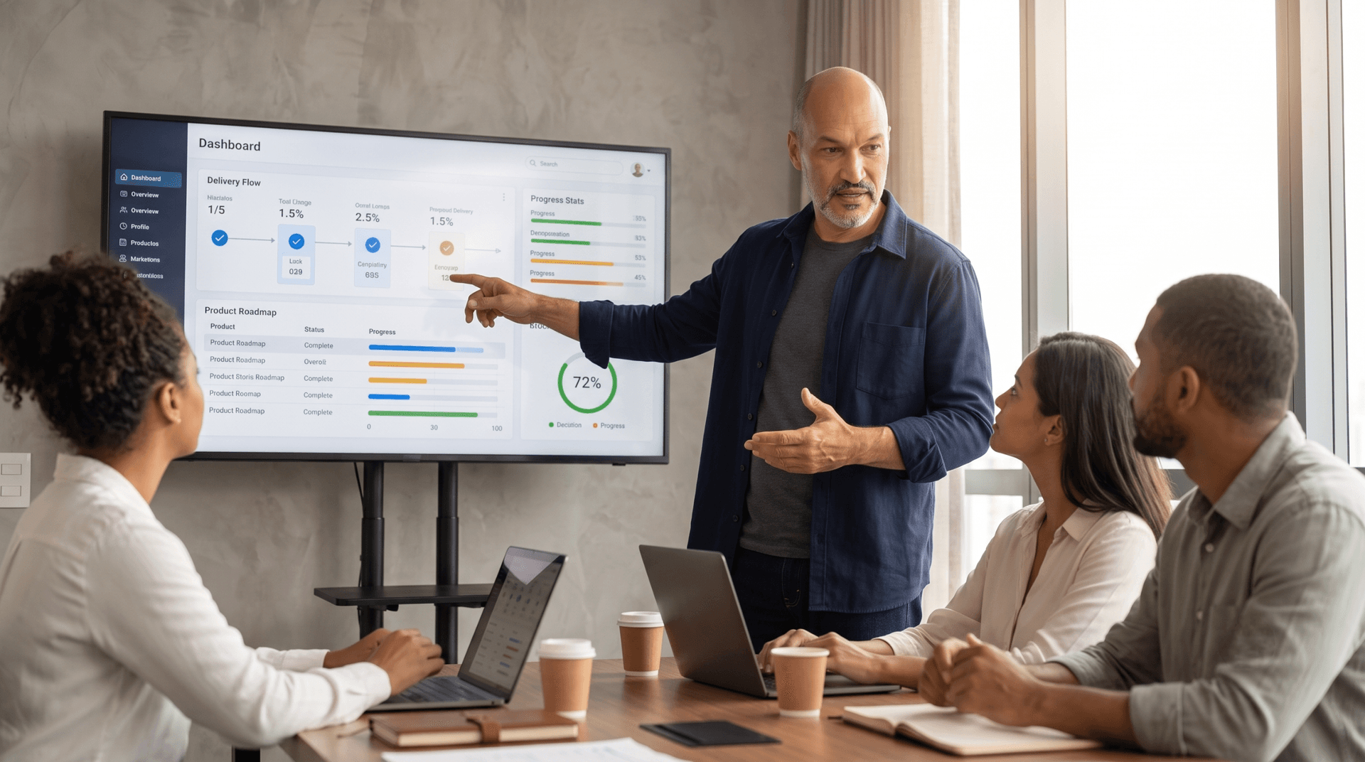 Product Owner e Technical Delivery Lead em ação, coordenando entregas de tecnologia
